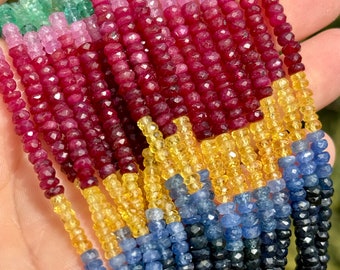 Ruby, Emerald, and Sapphire Beads, 3mm -  4mm Sapphire Rondelles, Multi Sapphire Beads, Ruby Beads, Precious Gemstone Beads, R-MS16
