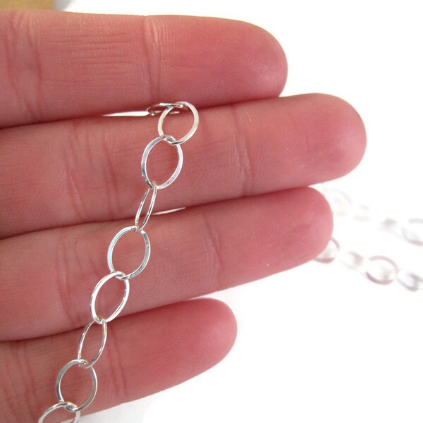 Large Silver Chain, Sterling Silver Flattened Cable Chain, 8x6mm Links, Baby Monster Chain, By the Foot, Extender Chain (11077as)