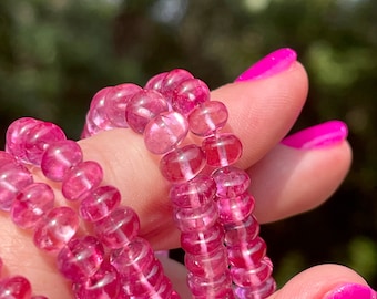 Pink Topaz Smooth Rondelles, 5mm, 6mm, 7mm or 8mm Natural Gemstone Beads, Hot Pink Gems for Making Necklaces, Earrings, and Bracelets (TOP5)