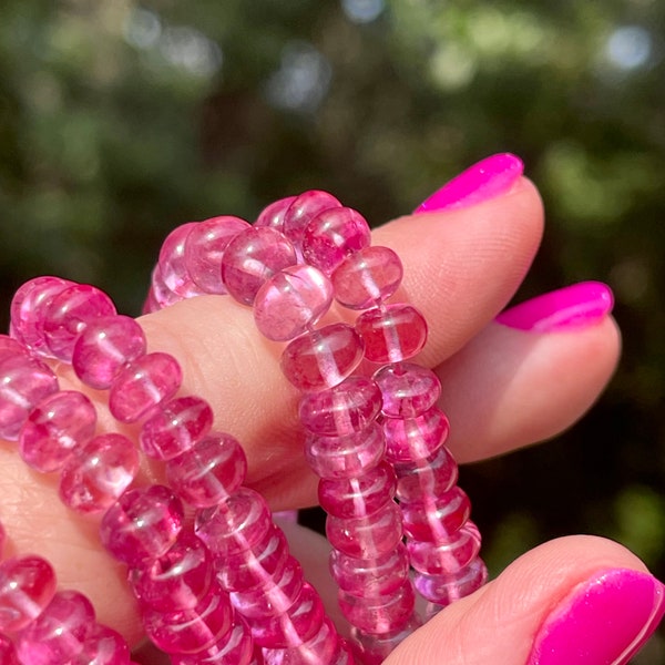 Pink Topaz Smooth Rondelles, 5mm, 6mm, 7mm or 8mm Natural Gemstone Beads, Hot Pink Gems for Making Necklaces, Earrings, and Bracelets (TOP5)