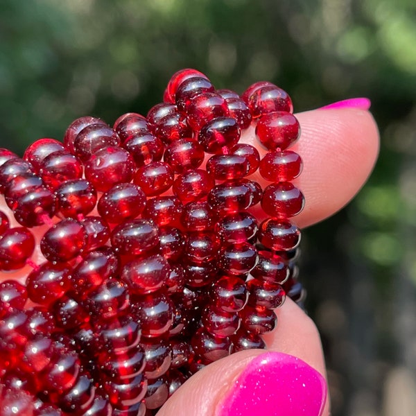 Red Garnet Smooth Rondelles, 4mm - 5mm Garnet Gemstone Beads, January Birthstone Gems for Making Necklaces and Beaded Bracelets (R-GA10)