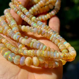 May include: Strands of opal beads in shades of yellow, orange, and cream. The beads have a polished, rounded shape and display iridescent flashes of color. The beads are strung together, creating a necklace or bracelet.