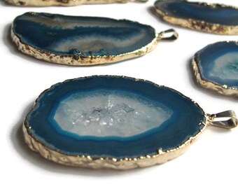 Blue Gemstone Pendant, Blue Green Agate Charm, Gold Plated Bezel, Agate Slice Pendant (C-Ag5)