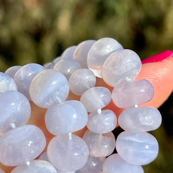 Blue Chalcedony Beads, 8mm - 10mm Chalcedony Smooth Rondelles, Natural Untreated Gemstone Beads for Making Jewelry, Light Blue Rondelle, CH2