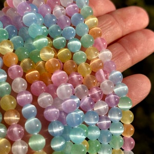 Rainbow Beads, 6mm Selenite Beads, Pastel Gemstone Beads, Cat's Eye Calcite Beads, Selenite Beads, Rainbow Selenite Rounds, (D-PC1)