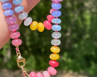 Pastel Rainbow Gemstone Necklace, Gem Candy Jewelry, Knotted Rainbow Necklace, Rainbow Boho Necklace, Hand Knotted Necklace, Rainbow Gifts