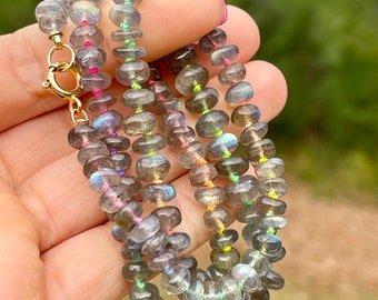 Labradorite Necklace, Gemstone Layering Jewelry, Rainbow Holiday Gift, Witchy Gift for Friend, Hand Knotted Bead Strand, Beaded Necklace