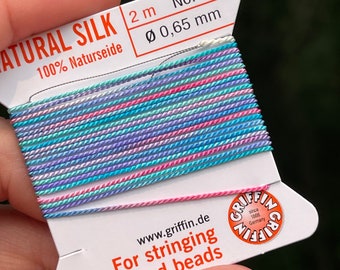 Teal, Purple and Pink Griffin Silk Cord by Bead Snob, Size 2, 3, 4 5, 6, 7, 8 Multicolor Silk Thread with Needle, Hand Knotting Supplies