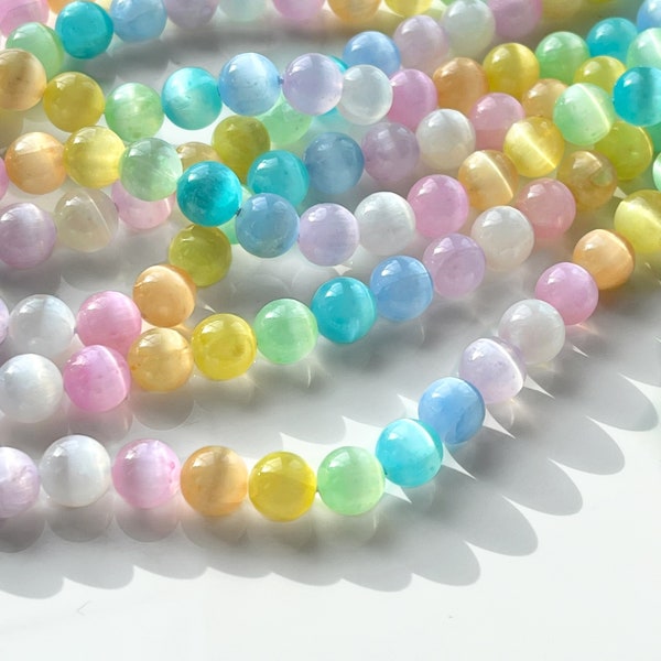 Pastel Rainbow Gemstone Beads, 8mm or 10mm Rounds, Cat's Eye Calcite, Selenite Beads, Natural Gemstone Beads for Making Necklaces (D-PC1)