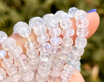 Rainbow Moonstone 5mm - 5.5mm Faceted Rondelles, Untreated Natural Gems, White Labradorite or Blue Moonstone Gems for Making Necklaces R-MO9