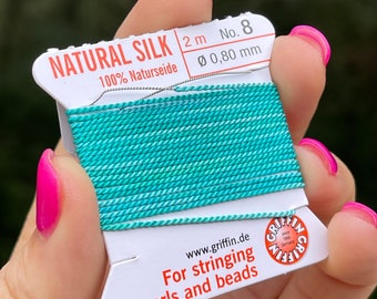 Size 5, 6, or 8 Silk with SANTORINI Bead Snob® Dye Job™,  Pastel Teal Silk Cord with Built-In Needle for Making Knotted Gemstone Jewelry