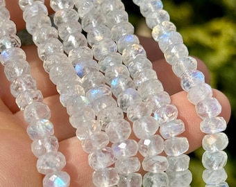 Rainbow Moonstone 5mm - 6mm Rondelles, 6mm Moonstone Beads, White Labradorite 5mm Beads, Blue Moonstone Gems for Making Necklaces, R-MO15