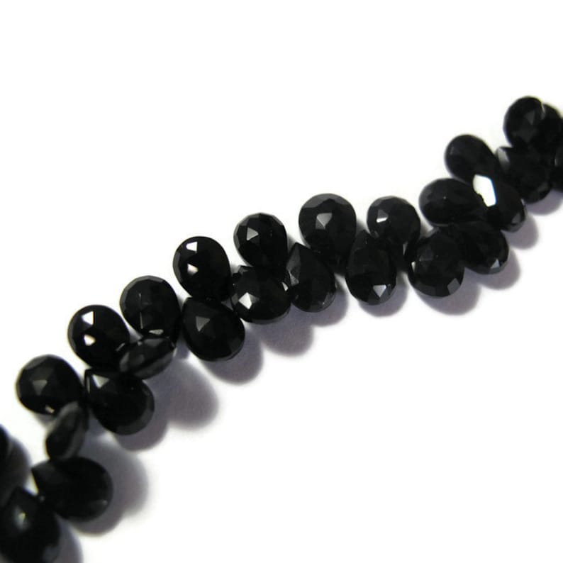 Black Spinel Beads, 7mm x 5mm Faceted Pear Shaped Briolettes, 4 Inch Strand of Natural Gemstones for Making Jewelry B-Sp2a image 1