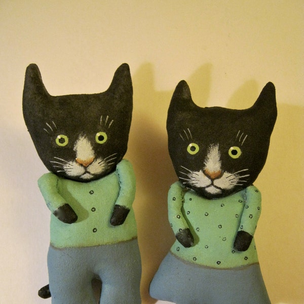 black cat art dolls, sandy mastroni ,soft green and blue , cat couple, boy and girl , wall art, shelf doll,