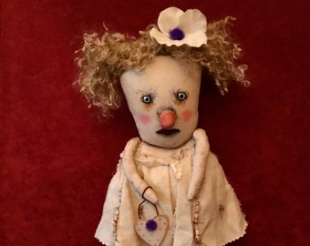 weird, sandy mastroni, odd sweet bizarre doll, , original art doll, tattered stitched dress , heart , tea stained whimsical doll art