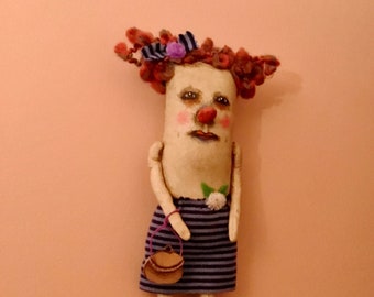 odd doll , a weird art doll , sandy mastroni  , buttons and pom poms ,weird doll, bizarre ,spooky odd