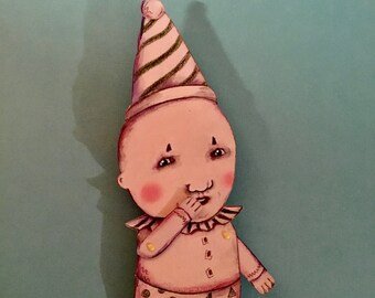 clown baby art ,sandy mastroni, hat, stripes,ruffles, circus , HAND painted cut out  , illustration , wall art