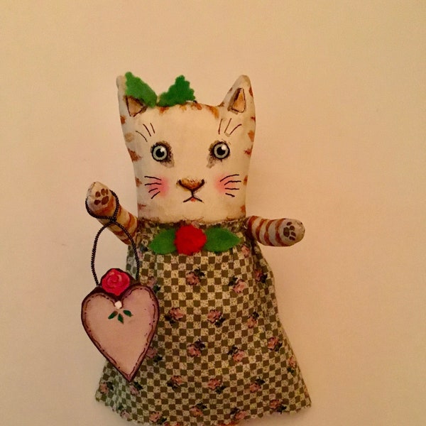 Large version of one little cat doll, sandy mastroni cat ,  paper heart , little rose fabric , stripes , ooak cat art , shelf art , wall art