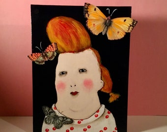 original art, sandy mastroni, madame butterfly beehive hair fun  , redhead portrait , original acrylic painting ,, 9 x 12 canvas board
