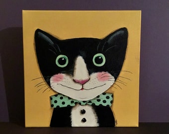 curious HAPPY cat painting ,original, sandy mastroni,  tuxedo cat bow tie ,smile, original , 12 x 12  stretched canvas Deep sides