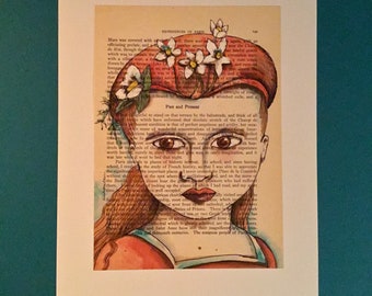 Book page art ,  illustration by sandy mastroni ,- Paris-reproduction print- girl portrait- experiences in Paris- Past and Present