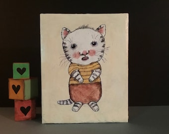 original art, sandy mastroni,  original painting , cry baby cat , 8 x 10 , textured  acrylic