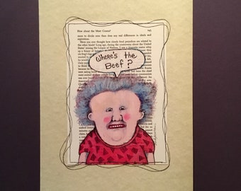Where's the Beef art print, illustration by sandy mastroni , stitched sewn print, reproduction- whimsical , funny , weird  meat art