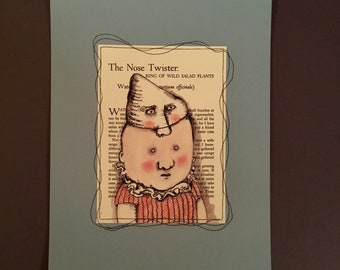 The Nose Twister art print, sandy mastroni , stitched sewn print, reproduction- whimsical , funny , weird boy clown , strange hat