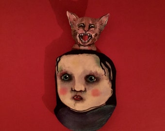 Cat on my head ,sandy mastroni ,creepy girl ,strange home decor , original art illustration ,hand painted, cut out , wall art