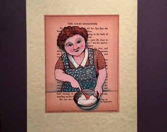 Good Housewife illustration print-, cook bake chef reproduction book page smile humor happy art , mom , mother's day