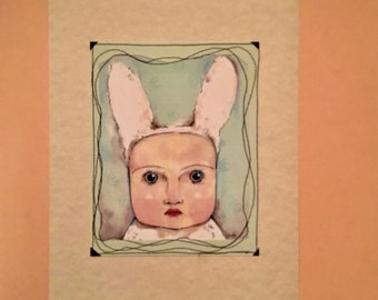 white rabbit art by sandy mastroni , bunny doll print,  stitched details , from original painting