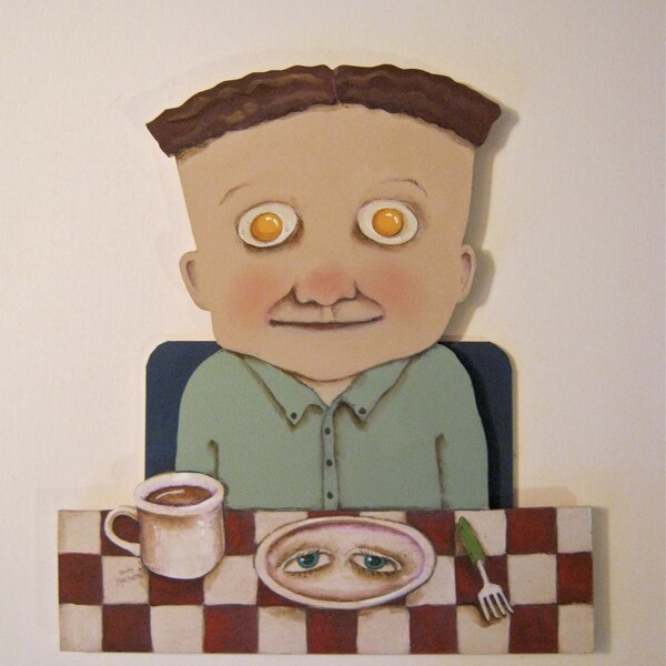 Eggs original painting- cut out wood- unique- fun- wall hanging-wall art- outsider- kitchen- diner- restaurant- bizarre odd humor- eggs