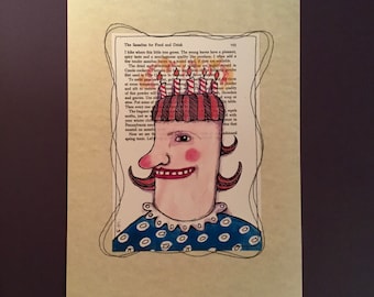 You say it's your Birthday art print, sandy mastroni , stitched sewn print, reproduction- whimsical , funny , weird  girl candles