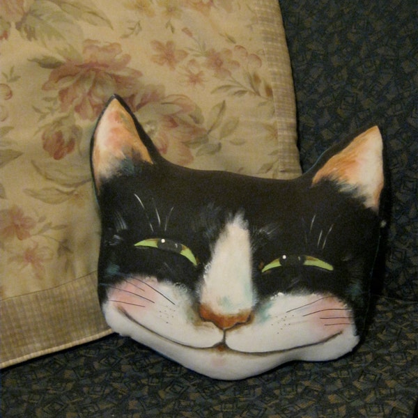 cat art, BIG cat head- sandy mastroni, green eyes- wall art- sofa art- cat smile- tuxedo cat- black white