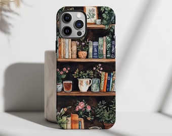 Dark Cottagecore Bookshelf Phone Case, Bookish Floral Bookcase, iPhone 16 15 14 13 12 11 Pro Max 8 Plus X, Samsung Galaxy S23 S22 S20 Ultra