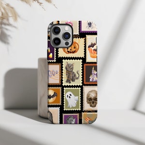 Vintage Halloween Stamps Phone Case, Cute Spooky Ghost Pumpkins, iPhone 16 15 14 13 12 11 Pro Max 8 Plus X, Samsung Galaxy S24 S23 S22 Ultra