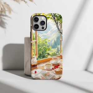 May include: A phone case with a painting of a window overlooking a green mountain landscape. The windowsill has a book, a cup of coffee, and a plate of pastries.