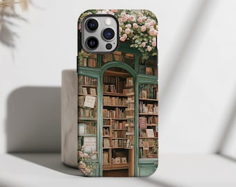 Vintage Bookstore Floral Phone Case, Romantic Bookish Aesthetic Coquette Style Cover, iPhone 16 15 14 13 12 Pro Max, Samsung S25 S24 Ultra