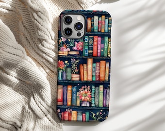 Vintage Floral Bookshelf Phone Case, Bookish Cottagecore Aesthetic Gift, iPhone 16 15 14 13 12 Pro Max, Samsung S25 S24 S23 Ultra