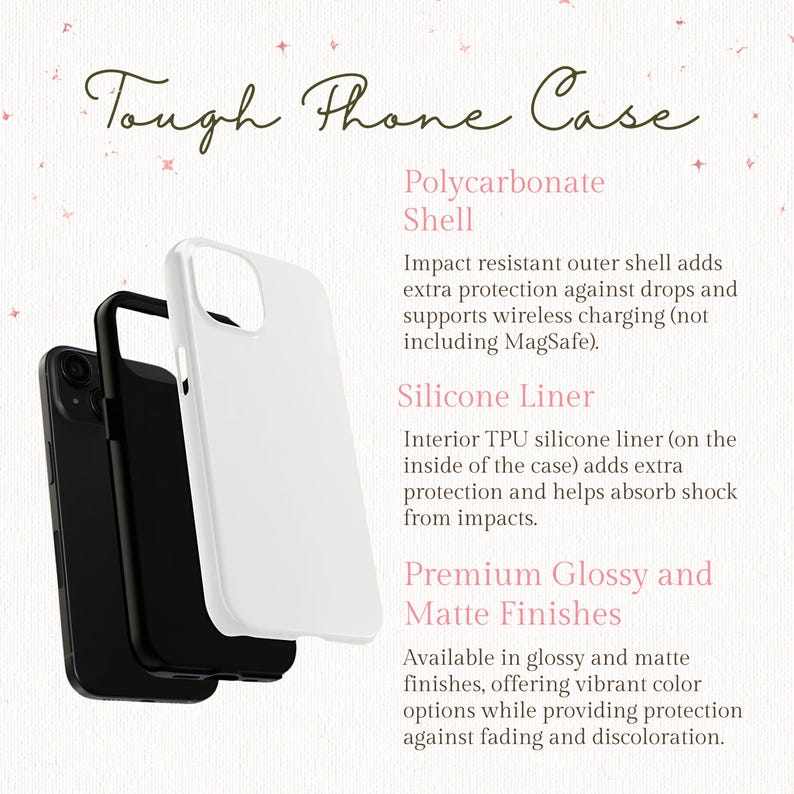 May include: A white phone case with a polycarbonate shell and a silicone liner. The case is impact resistant and supports wireless charging. It is available in glossy and matte finishes.
