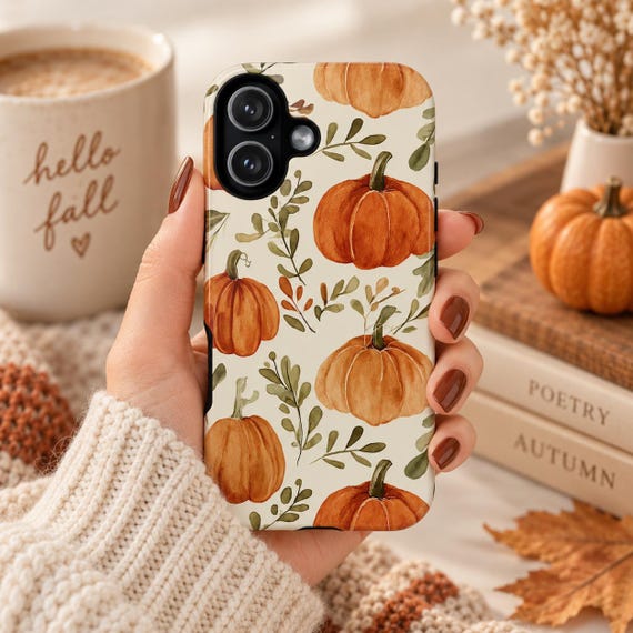 Fall Pumpkin Phone Case, Watercolor Leaves (Fits iPhone 11-18)