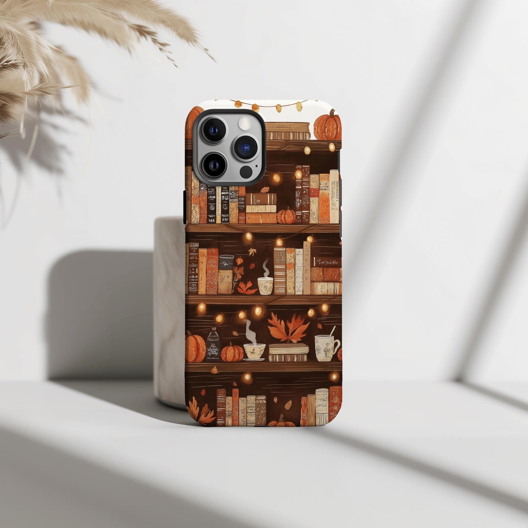 Bookish Fall Bookshelf Phone Case, Cute Autumn Library Bookcase, iPhone 16 15 14 13 12 11 Pro ...