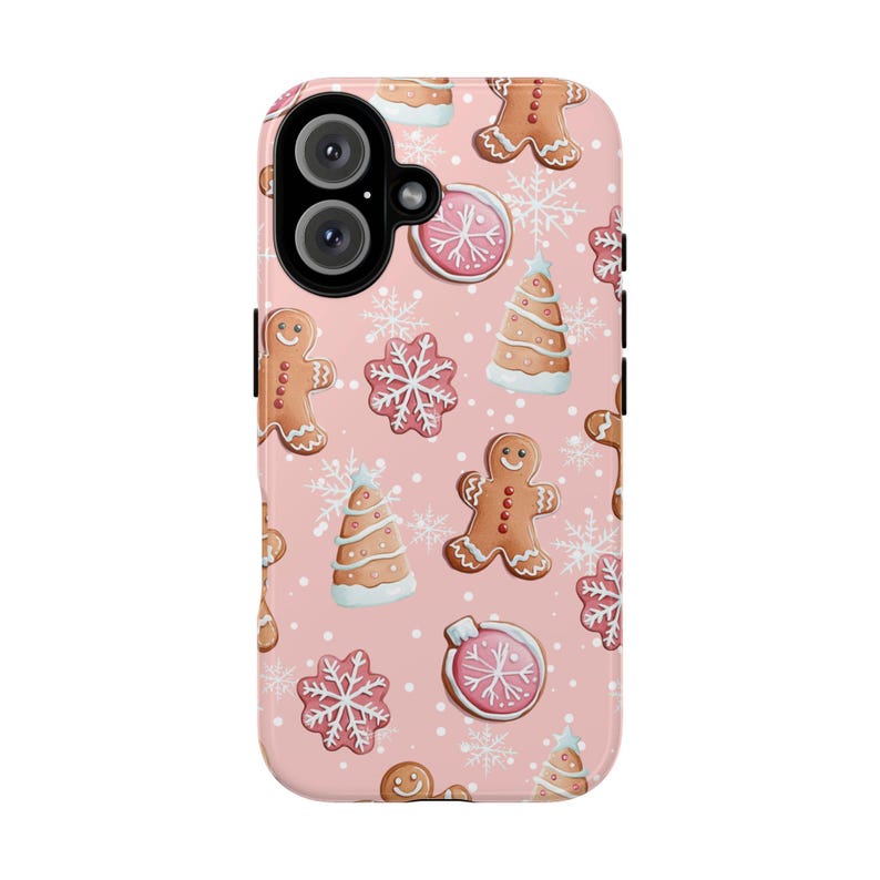 Whimsical Christmas-themed phone case with gingerbread, snowflakes, and festive trees.