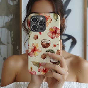 Coconut Girl Collage Phone Case, Summer Hibiscus Flower Aesthetic, iPhone 16 15 14 13 12 11 Pro Max Plus X, Samsung Galaxy S24 S22 S20 Ultra