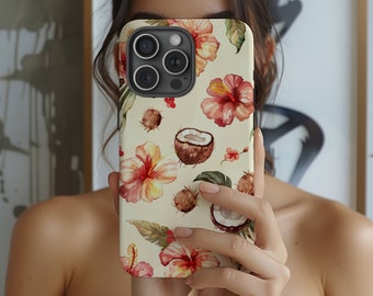 Coconut Girl Collage Phone Case, Summer Hibiscus Flower Aesthetic, iPhone 16 15 14 13 12 11 Pro Max Plus X, Samsung Galaxy S24 S22 S20 Ultra