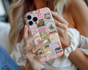 Vintage Stamp Phone Case: Pastel Travel Collage, Fits iPhone 11-17