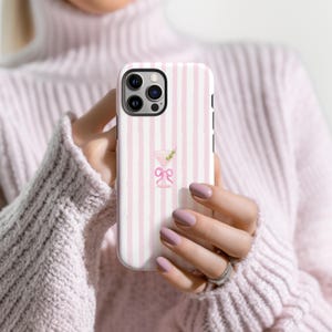 Coquette Martini Glass Phone Case - Pink Bow Stripe Aesthetic, iPhone 16 15 14 13 12 Pro Max Plus, Samsung Galaxy S25 S24 S23 S22 S20 Ultra