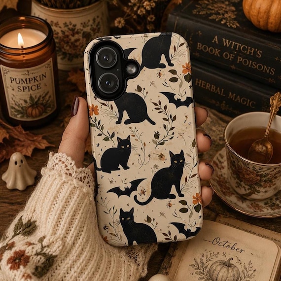 Black Cat Halloween Phone Case: Spooky Fall Floral Design (Fits iPhone 11-17)