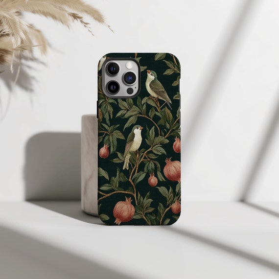Phone Case: William Morris Birds and Pomegranates - Dark Green, Vintage Style