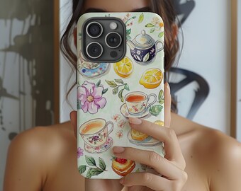 Vintage Teacup Phone Case: Cottagecore Floral Watercolor, Fits iPhone 11-17